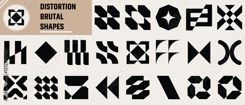 Brutalist abstract geometric shapes. Refraction and distortion glass effect various form, Y2K Geometric design element shapes. vintage stickers,