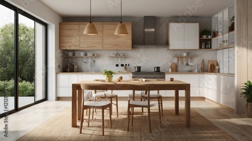 Wooden Light Tabletop in Modern White Kitchen     Clean and Minimalist Interior Design
