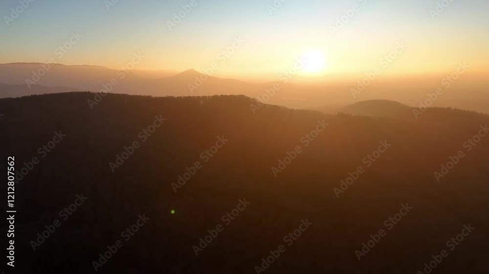 Aerial drone shot of ascent over the Swabian Alps during dramatic sunset Aerial drone shot of ascent over the Swabian Alps during dramatic sunset