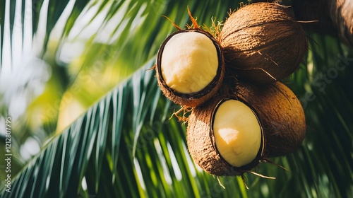 Coconut tree with a bunch of growing mature Coconut photo