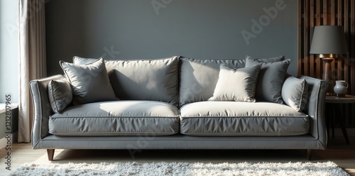 Grey velvet couch, sharp lines, geometric accents , luxury, design photo