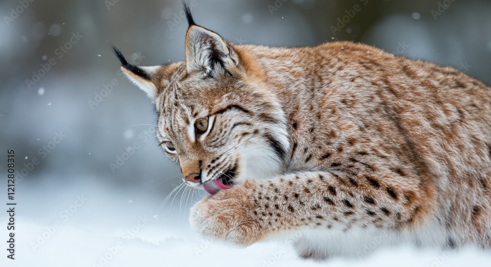 Fototapeta premium Lynx grooming its paw in a snowy landscape