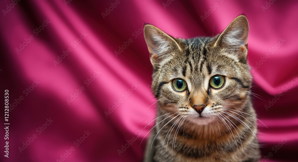 Obraz premium Striking tabby cat with green eyes against a vibrant pink background
