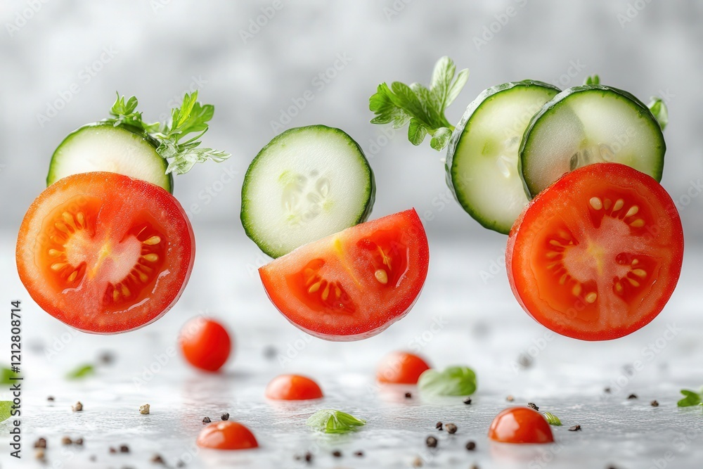 Fresh sliced tomatoes and cucumbers levitate against a grey background, creating a vibrant and appetizing image perfect for food blogs, cookbooks, or healthy eating campaigns. Fresh sliced tomatoes and cucumbers levitate against a grey background, creating a vibrant and appetizing image perfect for food blogs, cookbooks, or healthy eating campaigns.