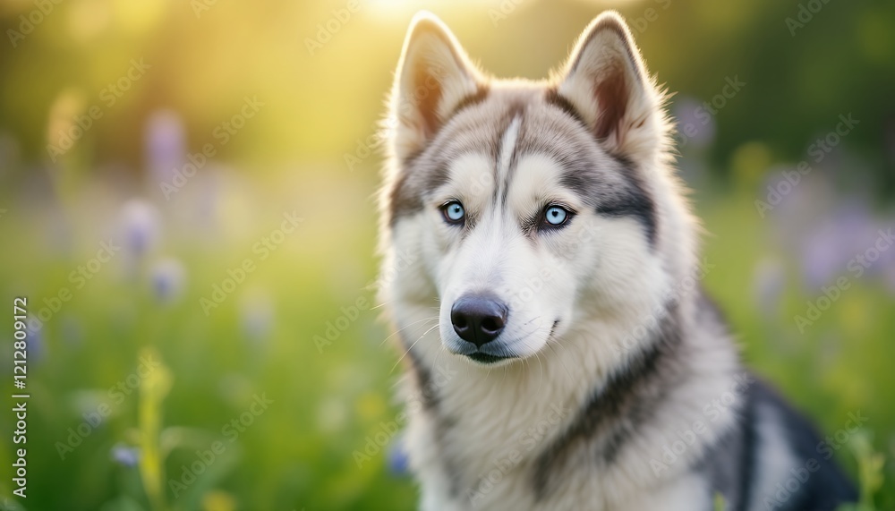 Majestic Siberian Husky in a sun-drenched meadow Majestic Siberian Husky in a sun-drenched meadow
