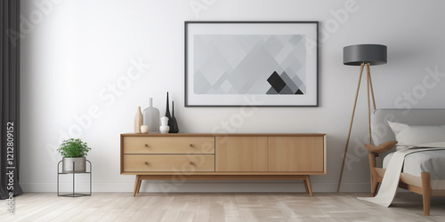 Vertical wood frame mockup in living room interior with window light shadow. 3d rendering, 3d illustration