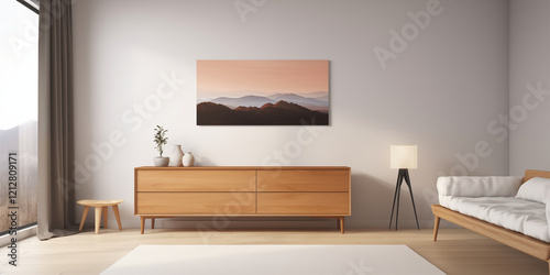 Empty frame on wooden table with flowers on white wall.