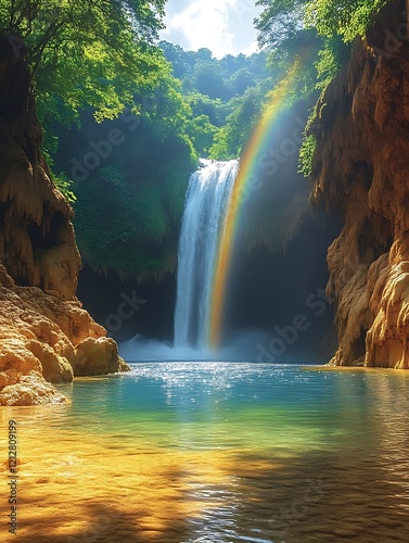 Waterfall, rainbow, canyon, sunlight, nature.