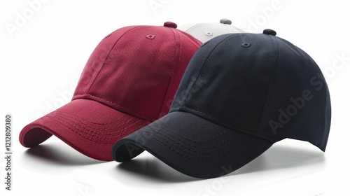 Three multi-coloured baseball caps on a white background. Suitable for advertising sporting goods, clothing and accessories.