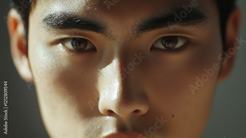 Wallpaper Mural Close-up of a Korean male model with an inquisitive, raised eyebrow expression, sharp features, with neutral tones and soft background blur, 8K resolution. Torontodigital.ca