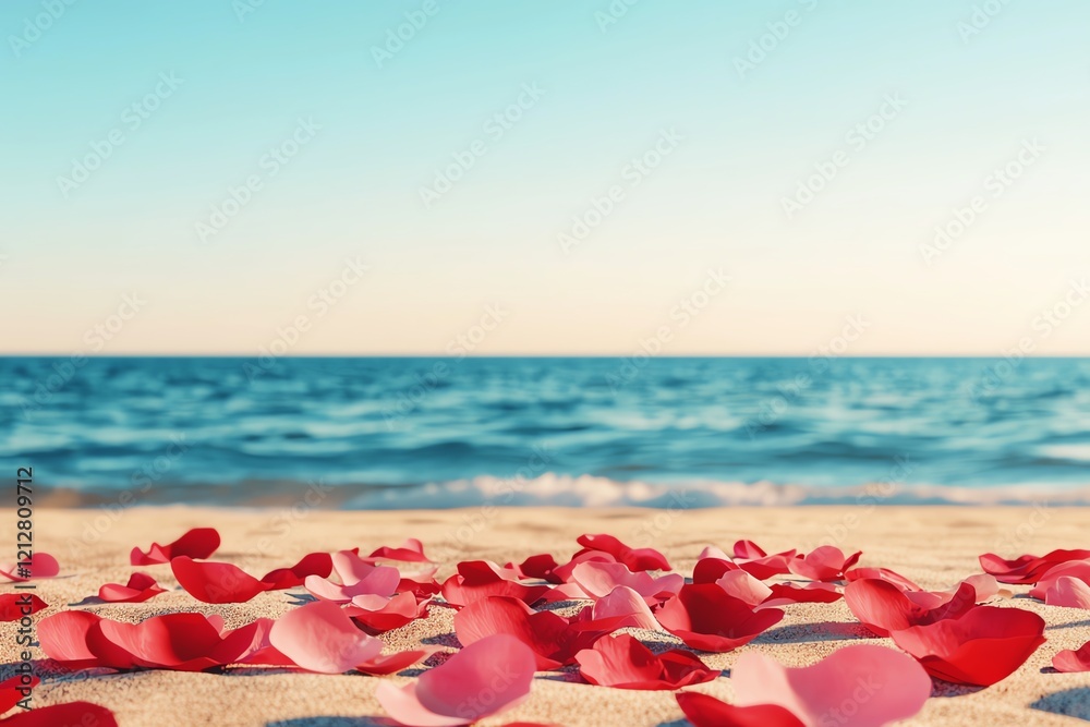 Beautiful rose petals scattered on a serene beach near the ocean. Beautiful rose petals scattered on a serene beach near the ocean.