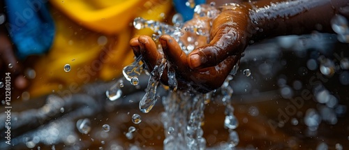 Children's hands collecting water from a stream, perfect for water and environmental charity projects. photo