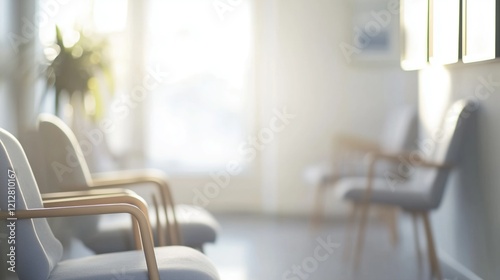 Empty hospital corridor with chairs and doors