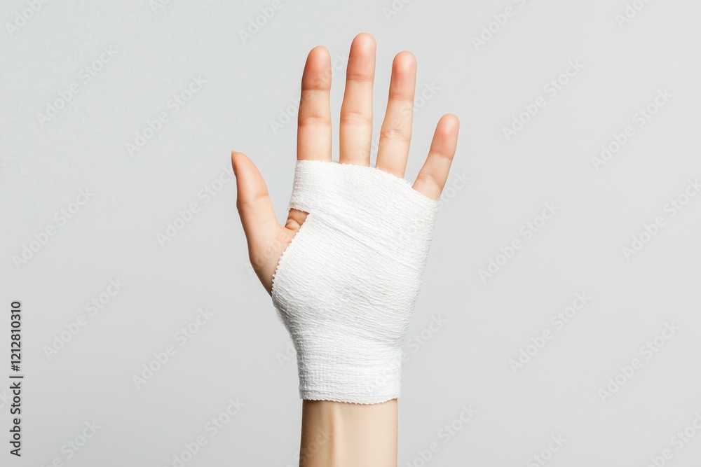 Close-up of an injured hand wrapped in a protective white bandage, representing healing, injury care, and recovery Close-up of an injured hand wrapped in a protective white bandage, representing healing, injury care, and recovery