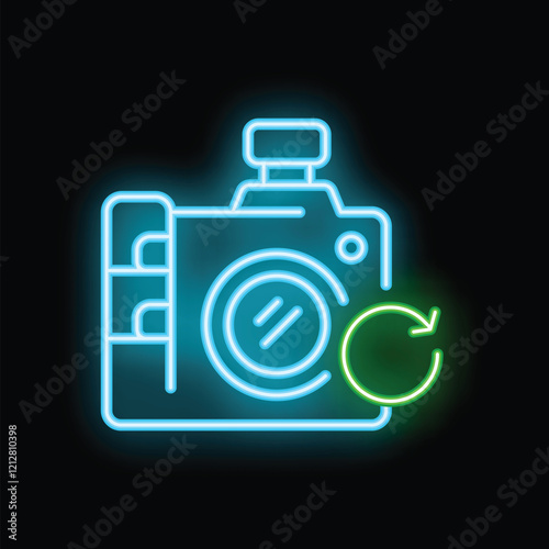 Neon camera icon glowing on a dark background, symbolizing a system update or reset