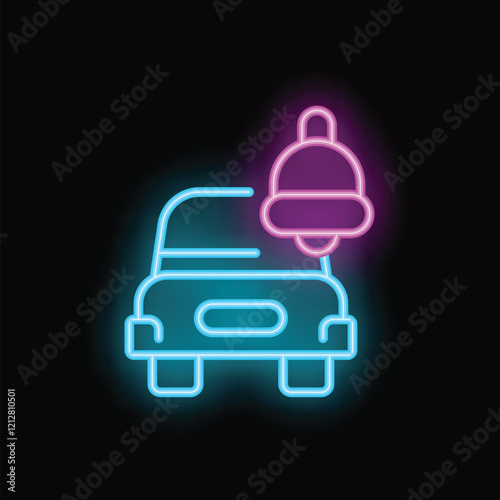 Vibrant neon icon depicting a car with a ringing bell, perfect for representing notifications, alerts, or attention grabbing messages