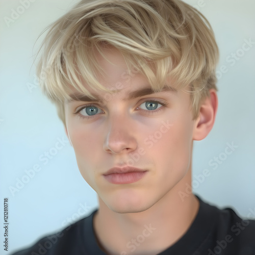 Un encantador chico rubio de pelo corto y ojos muy grandes y azules