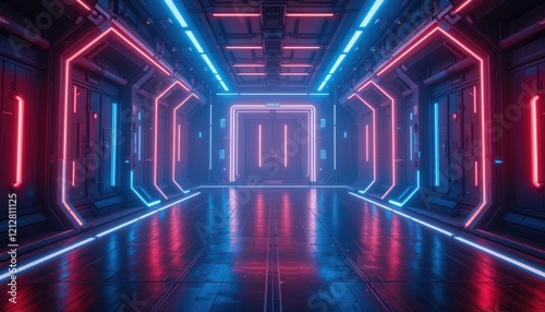 A glowing corridor features walls adorned with blue and pink neon lights  casting vivid reflections on the polished floor. The futuristic design hints at an advanced technological setting