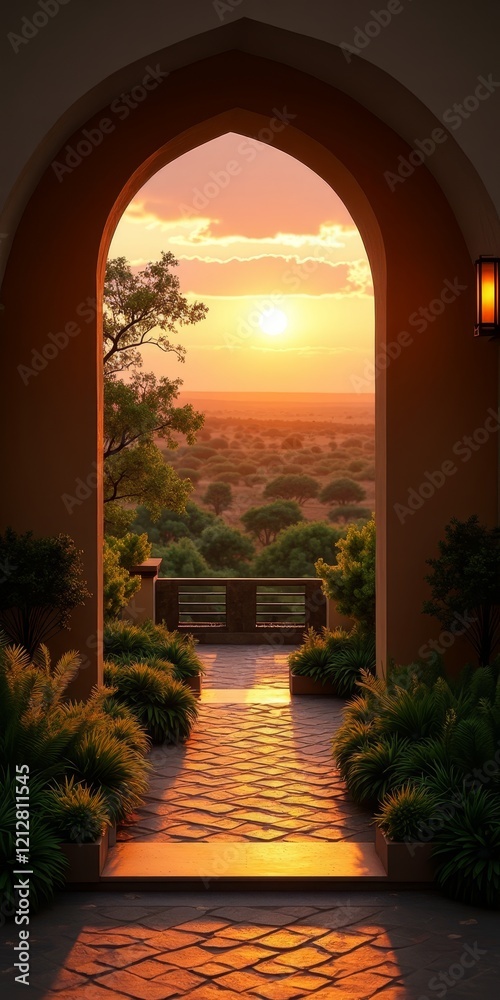 Fototapeta premium A serene sunset over a desert landscape, with a stone pathway and archway leading to a peaceful outdoor space