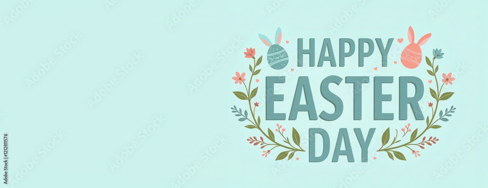 Obraz premium Inscription in green letters “Happy Easter Day”. Inscription center decorated with sprigs of greenery and flowers, painted eggs with bunny ears on pastel blue background. Concept Easter postcard