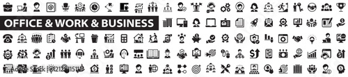 Office 110 icon set. Work flat icons. Business icon collection. Office signs. Workspace, coworking, teamwork, strategy, team, workers, presentation and more. Vector illustration