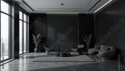A spacious and elegant living area features dark tones and contemporary furniture, accentuated by large windows showcasing a breathtaking cityscape under soft lighting