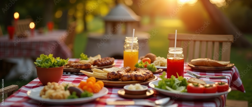 A picnic setting with food and drinks on a table A picnic setting with food and drinks on a table