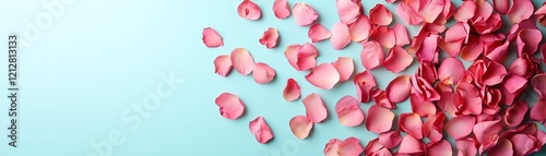 Delicate rose petals scattered across a soft blue background, creating a serene ambiance. photo
