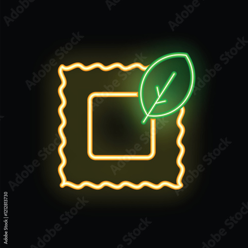 Neon sign illustrating delicious ravioli pasta with basil leaf, perfect for restaurant menu, cafe, bistro, food delivery service