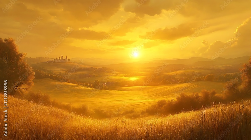 Golden sunset over rolling hills and a distant castle. Golden sunset over rolling hills and a distant castle.