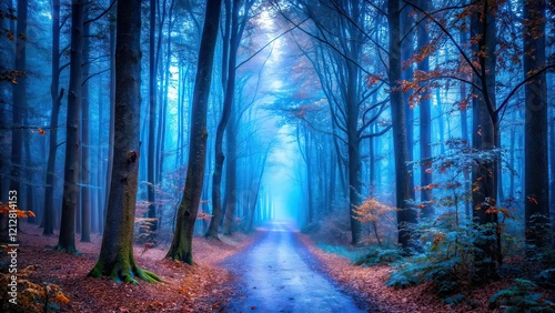 Mysterious Blue Autumn Forest Path - AI Photo