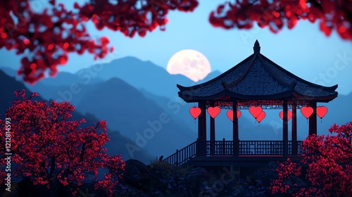 Serene pagoda under a full moon, surrounded by vibrant cherry blossoms at twilight.