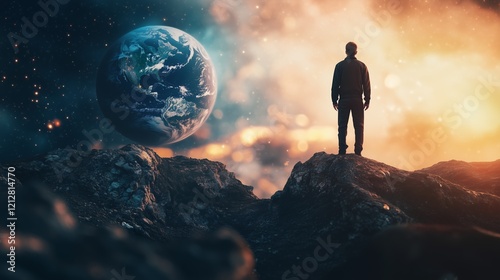 A person is positioned on a rugged landscape, staring at a vibrant view of Earth surrounded by cosmic hues and swirling patterns of light in a vast universe. It evokes a sense of wonder photo