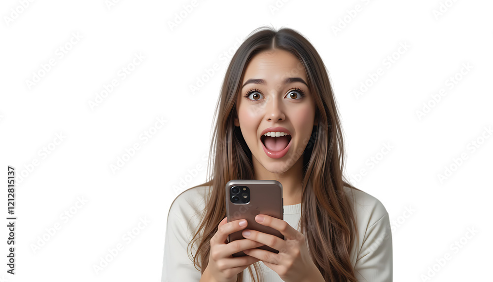Portrait of shocked but happy modern beautiful girl with wow face, holding phone in hands, surprised with commercial offer on transparent backgraound Portrait of shocked but happy modern beautiful girl with wow face, holding phone in hands, surprised with commercial offer on transparent backgraound
