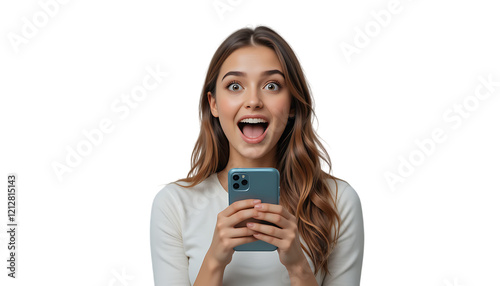 Portrait of shocked but happy modern beautiful girl with wow face, holding phone in hands, surprised with commercial offer on transparent backgraound photo
