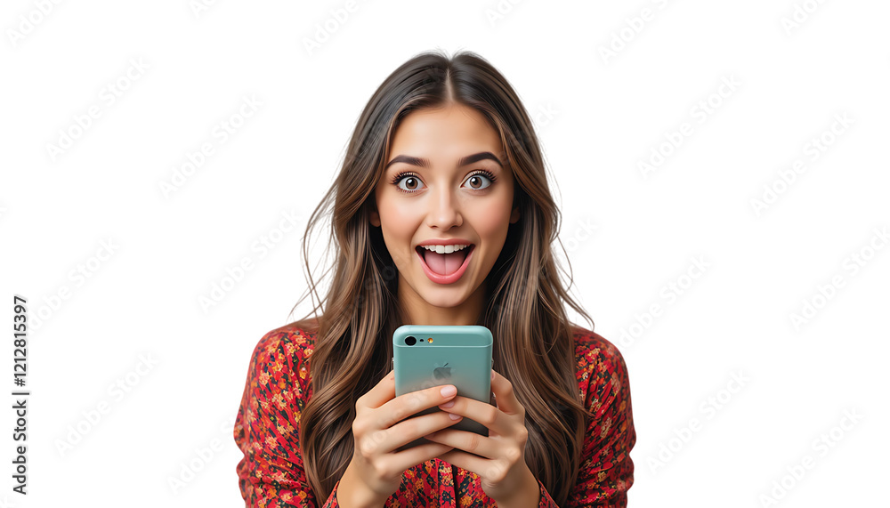 Portrait of shocked but happy modern beautiful girl with wow face, holding phone in hands, surprised with commercial offer on transparent backgraound Portrait of shocked but happy modern beautiful girl with wow face, holding phone in hands, surprised with commercial offer on transparent backgraound