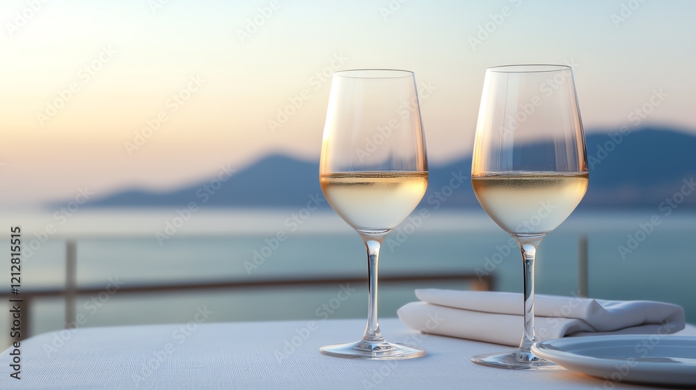 Two elegant wine glasses on a table with a stunning sunset view over the sea. Two elegant wine glasses on a table with a stunning sunset view over the sea.