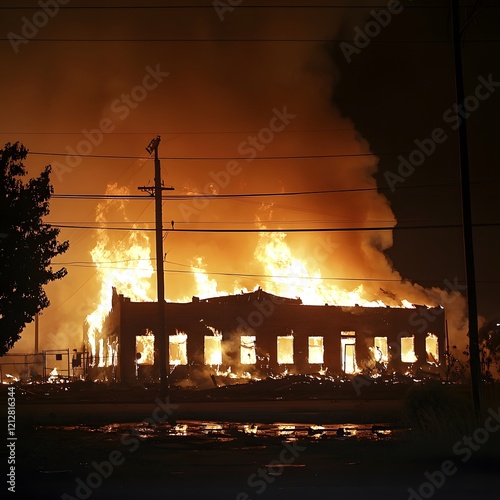 Nighttime building fire, urban destruction, flames engulfing structure, possible civil unrest background