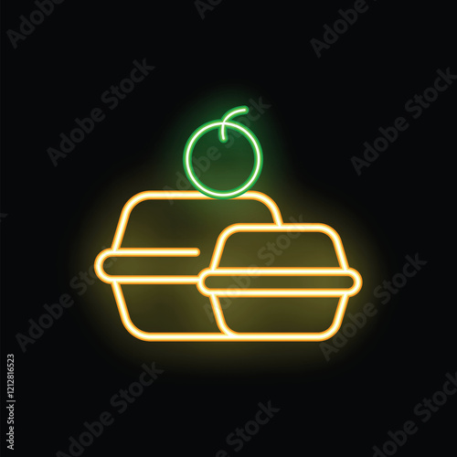 Neon sign representing two lunch boxes for food delivery with an apple on top, ideal for healthy food concepts