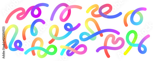 Colorful abstract swirling gradient lines. Set of thick lines rainbow color isolated. Curved, wavy, swirl elements bright colors. Sinuous shapes. Vector.