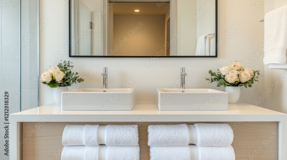 Fototapeta premium Modern bathroom staging with plush towels, sleek countertops, and fresh floral arrangements, enhancing the property s luxury appeal for selling success
