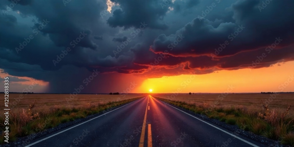 Naklejka premium Asphalt ribbon unwinding towards a vibrant sunset, shadowed by a dramatic, brooding sky, a path forward into the golden hour