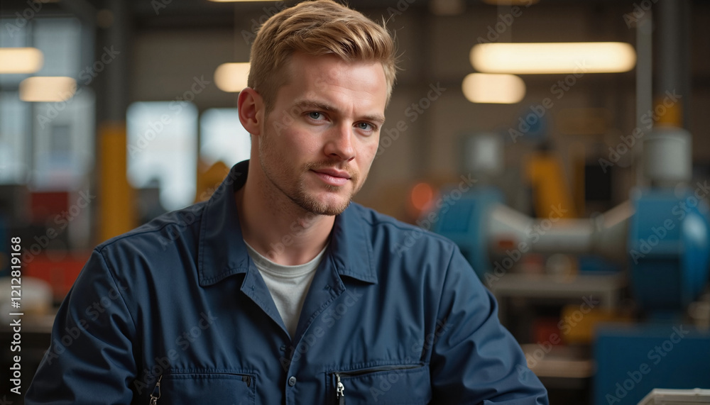 Fototapeta premium Male factory worker in uniform looking confident in workshop
