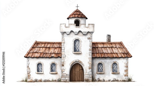 Charming Watercolor Illustration of a Small Stone Castle with Central Tower and Brown Roof Tiles