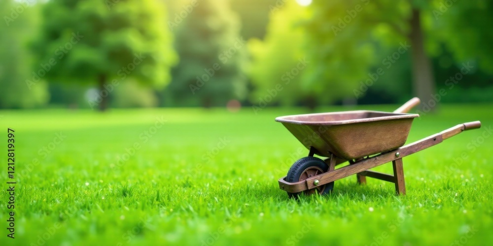 A miniature wheelbarrow rests on vibrant green grass, bathed in the warm glow of sunlight filtering through lush trees in a serene park setting. A miniature wheelbarrow rests on vibrant green grass, bathed in the warm glow of sunlight filtering through lush trees in a serene park setting.