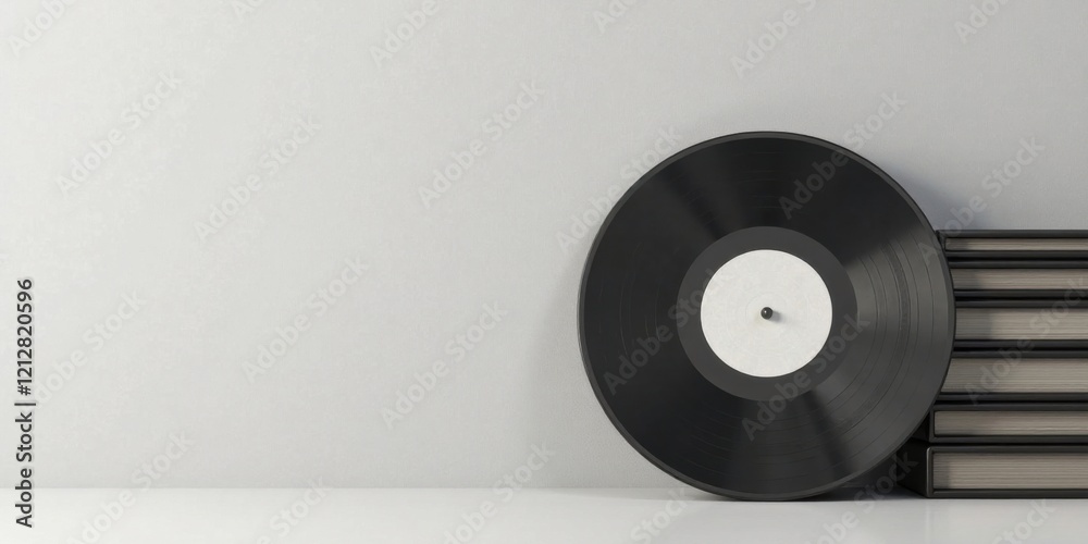 Obraz premium A vinyl record and a stack of books rest against a minimalist backdrop