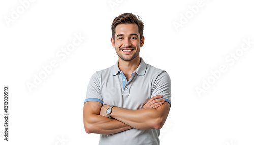 Smiling handsome man in polo shirt standing with crossed arms on transparent backgraound