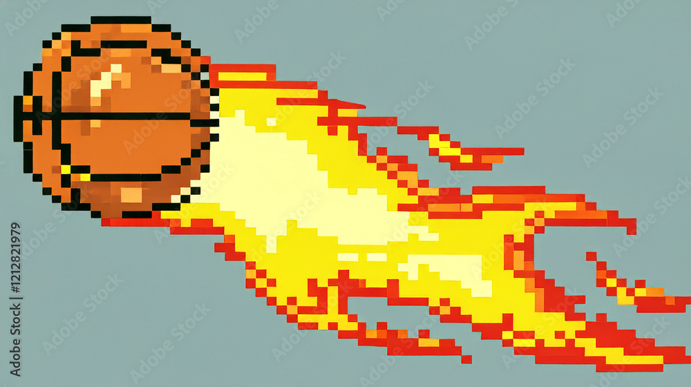 Pixel art basketball game. Ball, pixels, gray, background drawing, burning, football. Drawing of football burning ball. Drawing of football burning in the background with ball. A lifestyle.