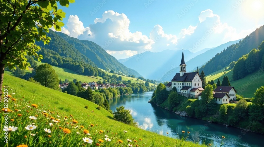 Fototapeta premium Serene Lakeside Village nestled in a verdant valley, surrounded by majestic mountains under a brilliant sunny sky