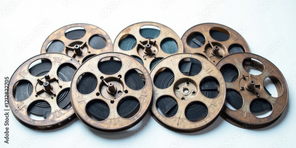 Fototapeta premium A Collection of Vintage Film Reels Aged Metal Spools with Dark Film, Reminiscent of Classic Cinema and Storytelling